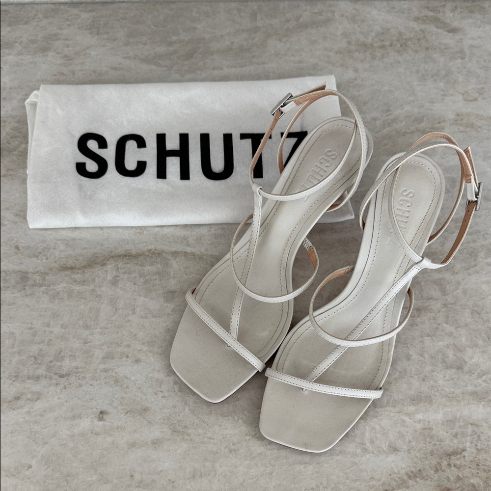 SCHUTZ Ameena Leather T Strap Leather Cream Heels 7.5